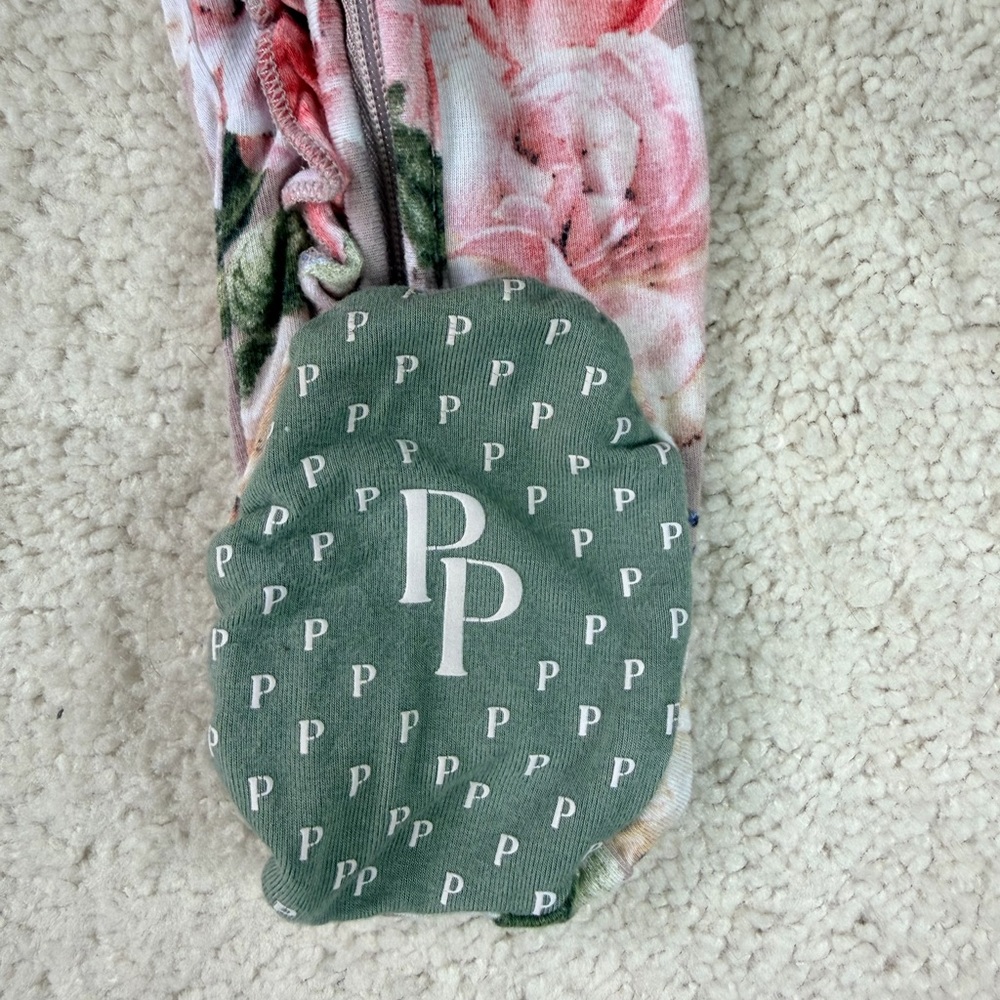 Posh Peanut Floral Footie Ruffled Zippered One Piece in Pink, Green, & Grey - Picture 3 of 12